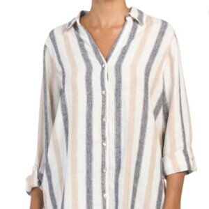 TAHARI Women's Linen Blend Striped Roll Tab Button Front Shirt Size XS
